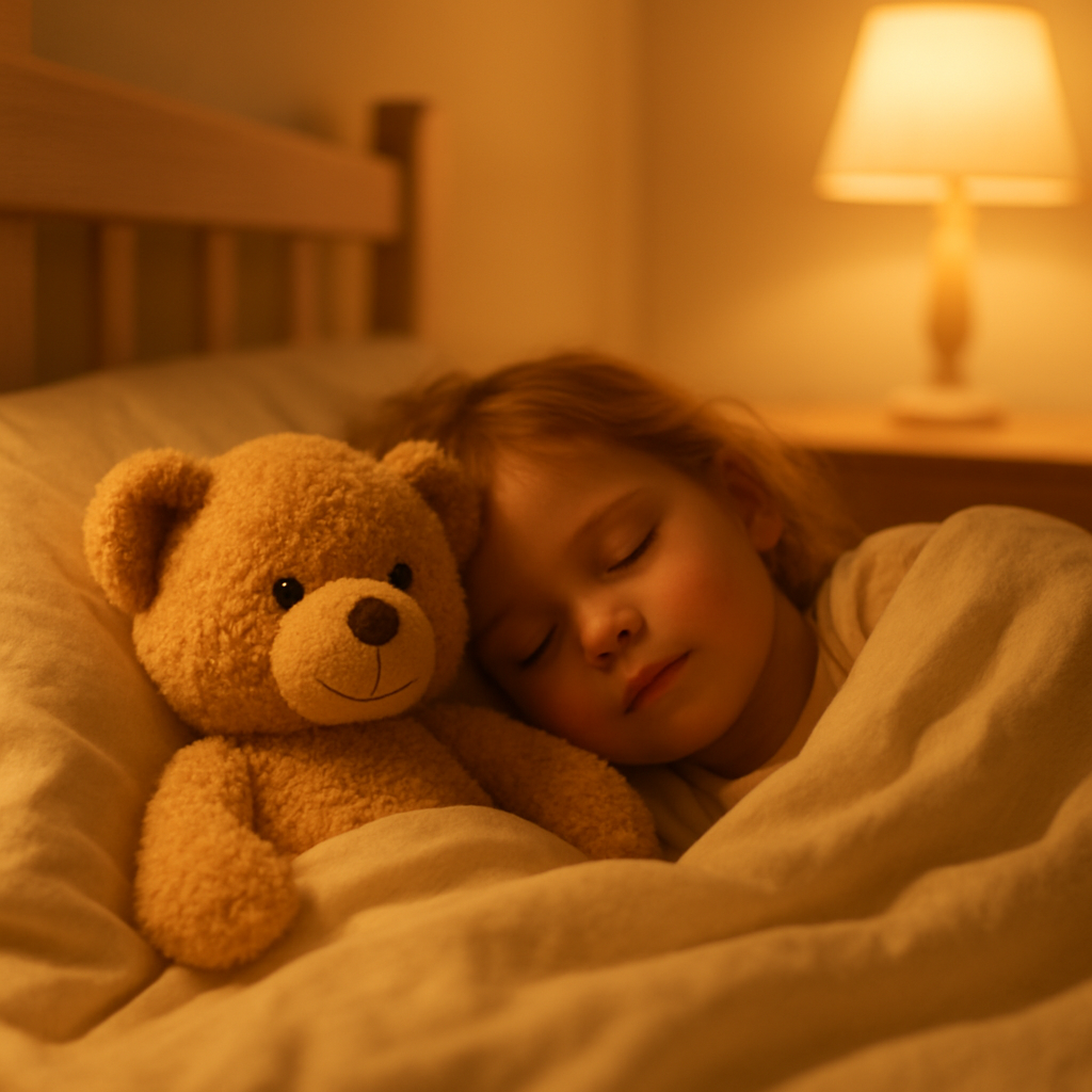 A teddy bear tucked into bed beside a sleeping child at bedtime