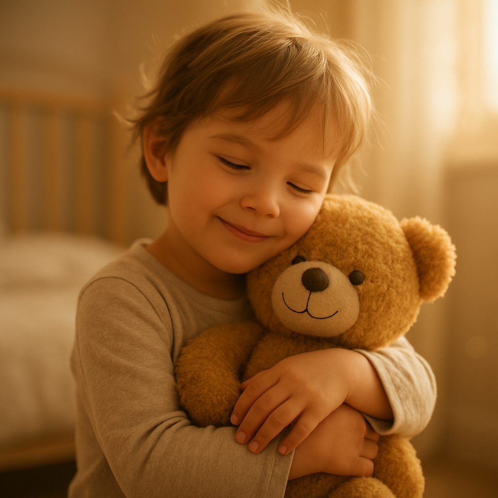 A young child cuddling a soft honey-brown teddy bear in a sunlit nursery