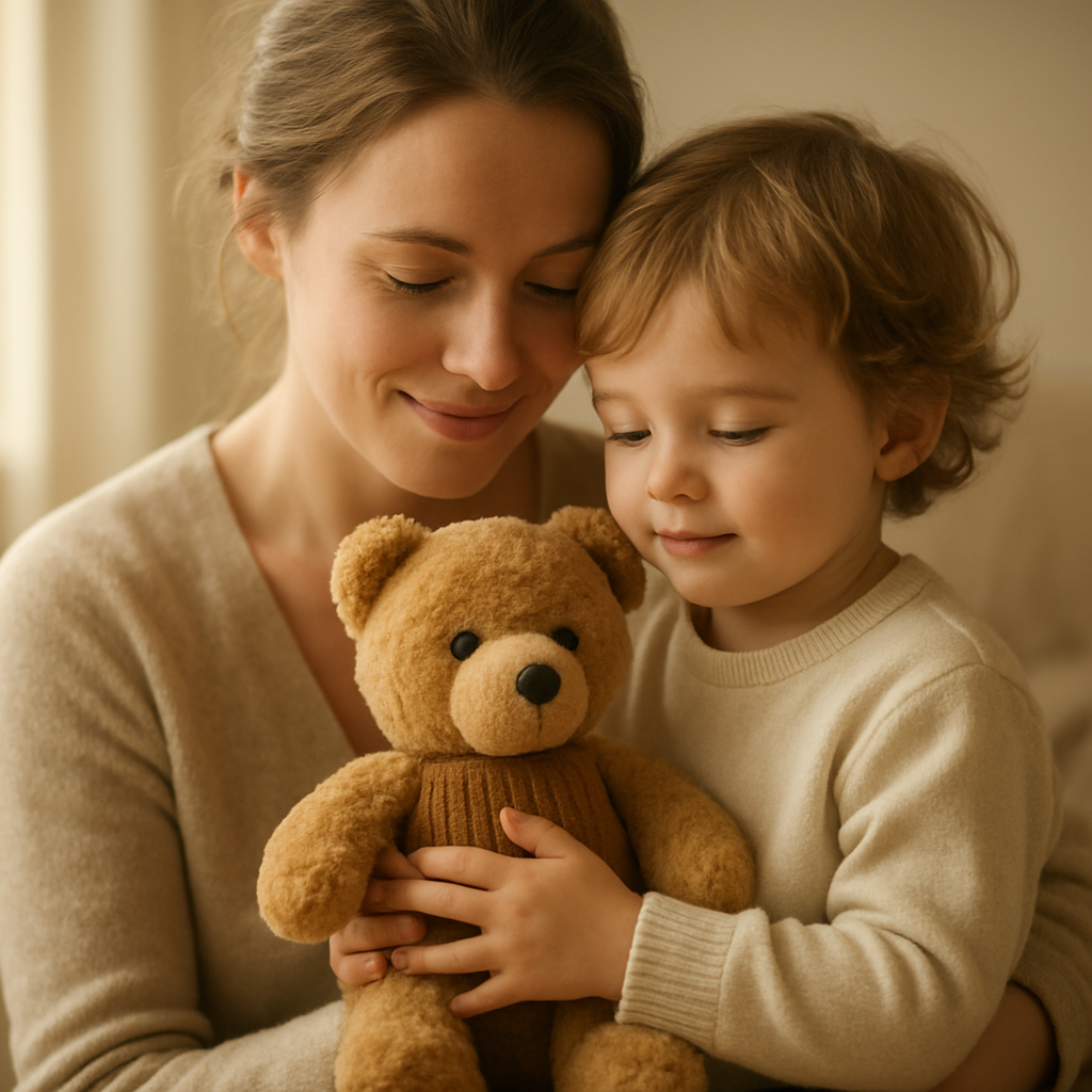 A parent and young child sitting together holding a teddy bear in a cozy home